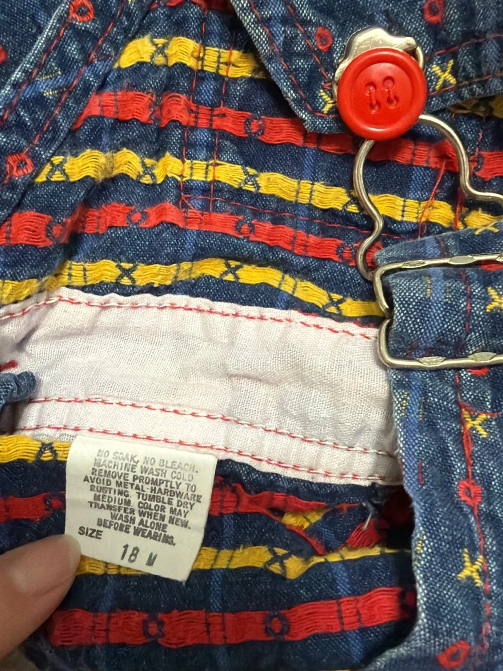 VINTAGE OshKosh B'gosh Denim Patterned Overalls - Navy with Red Accents